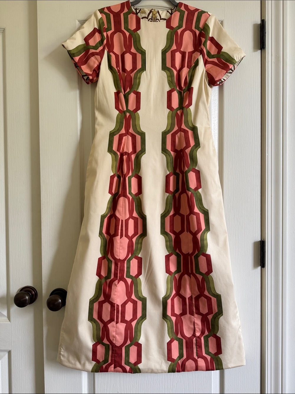 Reversible Cream Shift Dress with Pink, Burgundy and Olive Geometric Print